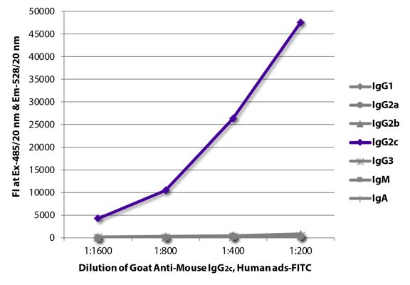 Abbildung: Ziege IgG anti-Maus IgG2c (Fc)-FITC, MinX Hu